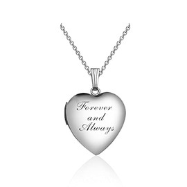 Caiyao Engraved Love Heart Holds Pictures Photo Locket Pendant Necklace14K Silver Plated Polished Peach Heart Necklace for Women Mens Mother Jewelry Gift-A forever