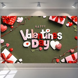 BlissYard Happy Valentine's Day Banner Valentines Party Decorations 71x43 Inches Green Background with Gift Boxes and Heart Backdrop for Photography Holiday Indoor Outdoor Decoration