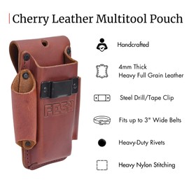FESA Small Leather Tool Pouch - 4-in-1 Heavy Full Grain Leather Small Tool Pouch with a Steel Tape Measure Clip, 3 Pockets & Reinforced Heavy Duty Rivets - Fits Belts up to 3" - Handcrafted (Cherry)