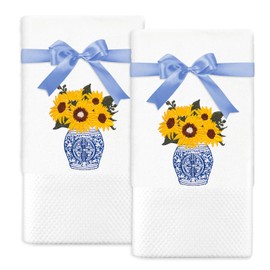 JarThenaAMCS 2Pcs Floral Chinoiserie Hand Towels Cotton Embroidered Sunflower Bathroom Towels Spring Summer Absorbent Bath Towels for Hand Drying Cleaning Cooking, 29.5 x 13.7 Inch