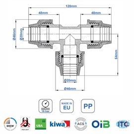 SmartProduct T-Piece PE Pipe Fitting 20 mm x 20 mm x 20 mm Screw Connection PN16 DVGW Drinking Water Certified - Clamp Connector - PP T Piece Coupling Compatible with PE80 PE100 Pipes - Pack of 2