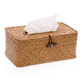 BTSKY Household Rectangular Seagrass Facial Tissue Box - Decorative Woven Wicker Paper Holder Tissue Holder Organizer for Kitchen, Bathroom, Office and Hotel, Caramel
