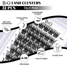 Lash Clusters 72 PCS Individual Lashes 10-16mm B&Q Eyelash Clusters C D Curl Mixed Cluster Eyelash Extensions Natural Wispy Cluster Lashes Beginner Reusable Eyelash Extension Lasting Lash(FD-DV02-MIX)