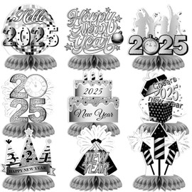 HOWAF 9 New Years Eve Decorations 2025, Happy New Year Honeycomb Centerpieces New Years Eve Table Decorations, New Years Eve Party Honeycomb Table Topper for Happy New Year Decorations 2025, Silver