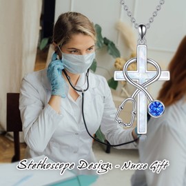 WINNICACA Sterling Silver Stethoscope Necklace with Created Opal, Unisex Nurse Gift, 925 Silver, 18+2in, White Opal