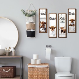 Honoson 4 Pcs Bathroom Wall Decor Pictures Wooden Relax Soak Unwind Breathe Hanging Signs of Wooden Wall Art for Home Spa Laundry(Highland Cow)