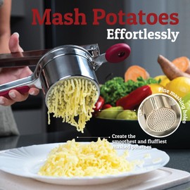 PriorityChef Large 15oz Potato Ricer With 3 Discs, Heavy Duty Stainless Steel Potato Ricer for Mashed Potatoes, Potato Masher, Press and Ricer Kitchen Tool, Red