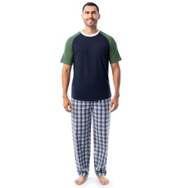 Fruit of the Loom Men's Jersey Henley Top and Broadcloth Pant Sleep Pajama Set, Navy/Green Plaid