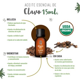OLEUM VITAE Aceite Esencial de Clavo Eugenia Caryophyllus 100% Puro y Orgánico 15 ml Hecho en India Certificado USDA ORGANIC Aplicación Interno Externo y Aromático