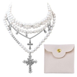 SIKAMARU 1 Beaded Necklace and 1 Jewelry Bag, Cross Pendant Necklace, Layering Necklace, Fashion Jewelry