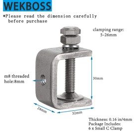 WEKBOSS Small C Clamps for Woodworking 30mm, Heavy Duty Metal Welding Clamp, Universal Stainless Steel Desk Clip for Mounting, with Wide Jaw Opening & Adjustable Screw & Pads(6PCS)