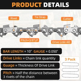 10 Inch Chainsaw Chain, 3/8" LP Pitch .050" Gauge 40 Drive Links, Pole Saw Chain Replacement for WORX WG309 Sun Joe SWJ803E SWJ807E Remington RM1015P,RM1015SP,RM1025P,RM1025SPS, RM1035P, 3 Pack