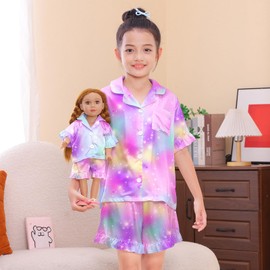 ICOSY Matching Doll & Girls Pajamas Silk Kids Pjs 2 PCS Satin Button-Down Top and Shorts for American 18" Doll Girl Clothes Yellow Pink