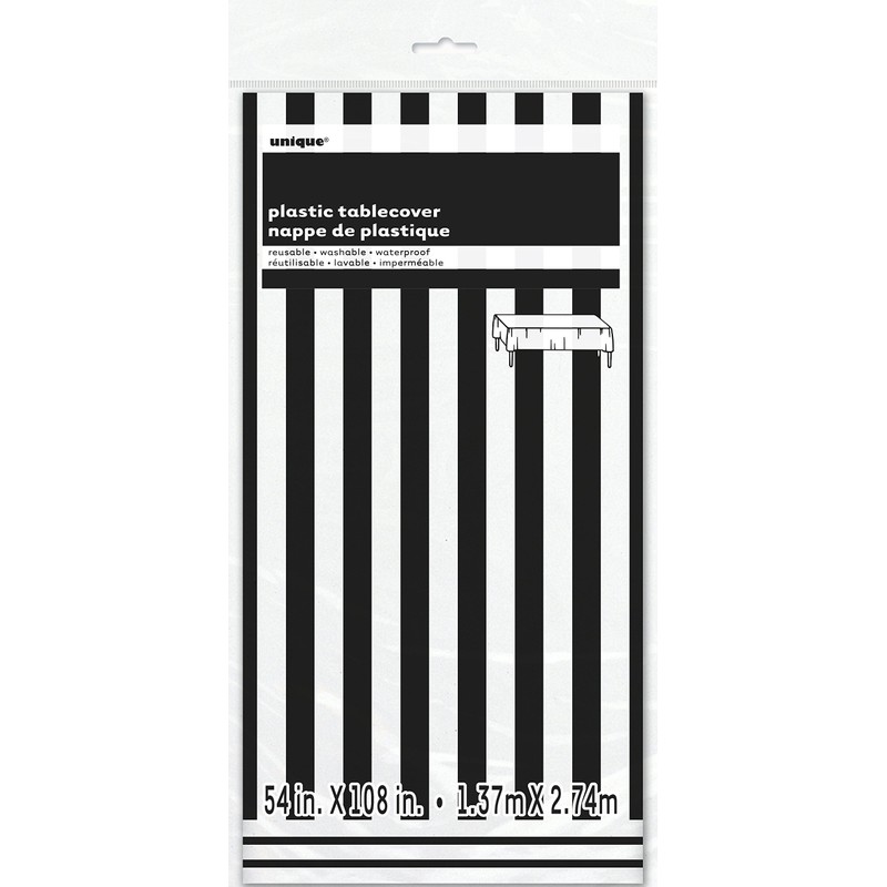 Black Striped Plastic Tablecloth, 108" x 54"