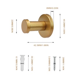 JANDH Wall Coat Hooks, Gold, Pack of 5 Stainless Steel Coat Hooks, Round, for Kitchen, Bathroom