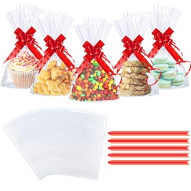 50PCS Clear Cellophane Treat Bags, AUERVO 13 x 18 cm Clear Resealable Flat Cello Bags Sweet Party Gift Bags Candy/Cookie/Chokley/with 50PCS Red Pull Bows