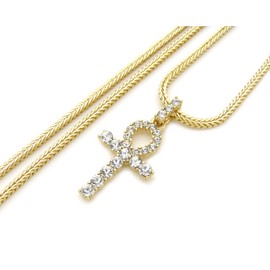 Micro Pave Egyptian Ankh Cross Pendant 24" Various Chain Necklace Gold Tone (2mm 24" Franco Chain)