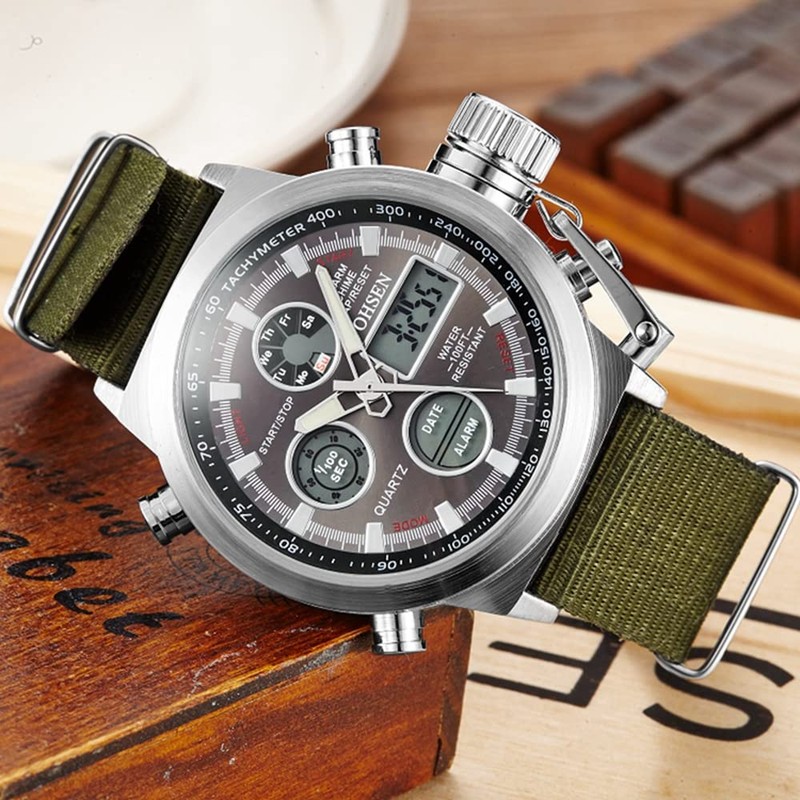 JewelryWe Men's Military Watches Dual Time Display Multifunctional Nylon Band