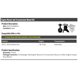 Engine Mount and Transmission Mount Kit - 3 Piece - Compatible with 2012-2013 Honda Civic 1.8L 4-Cylinder Automatic