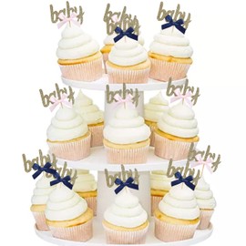 Decoración para cupcakes para baby shower, 12 unidades, decoración de baby shower, rosa rubor, decoración de lazo azul marino, los mejores suministros para baby shower