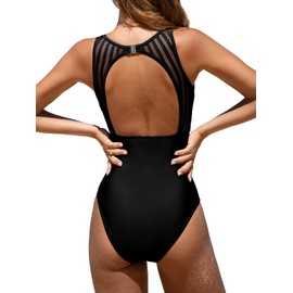 CUPSHE Women's One Piece Swimsuit Bathing Suit Tummy Control High Neck Cutout Back Hook Mesh Swimwear, S Black