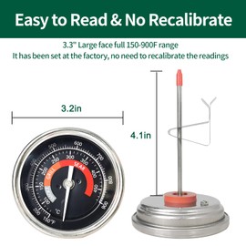 Quantfire Upgrade Replacement Thermometer for Big Green Egg,3.3" Grill Temperature Gauge for Big Green Egg Accessories 150-900°F with Waterproof and No-Fog Glass Lens