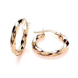 9ct Yellow Gold on Silver Diamond Cut Twist Hoop Creole Earrings - 20mm Diameter