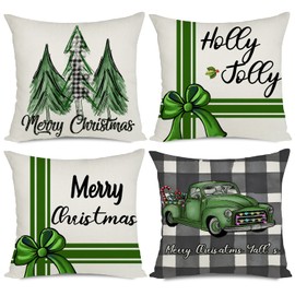 Artmag 18x18 Green Christmas Pillow Covers, Decorative Farmhouse Merry Christmas Tree Buffalo Plaid Truck Holly Jolly Christmas Outdoor Pillow Shams Cases Slipcovers Set of 4 for Couch Sofa