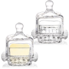 Frcctre 2 Pack Glass Butter Dish, Small Glass Butter Keeper with Dome Lid and Handle, Clear Covered Butter Serving Dish Decorative Crystal Mini Butter Container Butter Cloche