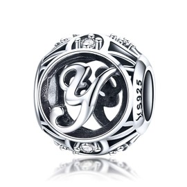 100% Genuine 925 Sterling Silver Vintage Clear Cubic Zirconia Letter Bead (A - Z ) for Charm Bracelets, Bangles and Necklaces, Silver