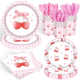 140PCS Cherry Birthday Party Decorations Supplies, Disposable Tableware Set - Cherry Design Kids Girls Fruit Pink Plates, Cups, Napkins,Forks for 20 Guests