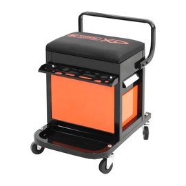 K Tool International XD74983 Creeper Seat with Tool Storage for Garages, Repair Shops, and DIY, Padded Seat, 300 lbs., 2 Slider Drawer, Tubular Steel Frame, (4) 2.5" Swivel Casters, Black/Orange