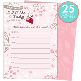 Little Lady on The Way Baby Shower Invitations for Girls, Set of 25 Fill-in Style Cards and Envelopes. Ladybug Theme with Pink and White Flowers, Butterflies and Hearts.