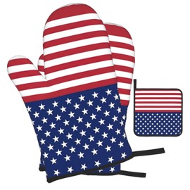 American Flag Stars Stripes Print Heat Resistant BBQ Gloves Oven Mitts and Pot Holders Set for Kitchen Baking Set