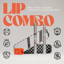 Kit de Maquillaje - Lip Combo 5 en 1 Labial - Delineador - Iluminador - Sacapuntas - Espejo para Maquillaje Makeup Vegano - Belleza Cruelty Free Make Up Variedad de Tonos