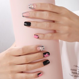 Eoopoon 24Pcs Black French Tip Press On Nails – Short Square Fake Nails with Star Print & Rhinestones, Glossy Full Cover Acrylic Stick On Nails for Women Girls, Daily Wear(pink star)