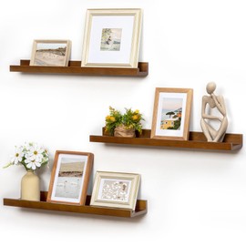 Picture Ledge Wall Shelves 24 inches Width Set of 3, Solid Pine Wood Rustic Floating Ledge Shelves for Wall for Kids' Room Bedroom Kitchen Bathroom Living Room Nursery Display Wall Decor, Walnut