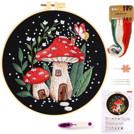 Embroidery Starter Kit, Mushroom Butterfly Embroidery Kit for Adults Beginners, Cross Stitch Kits with Embroidery Cloth Hoops Needles Instruction and Threader