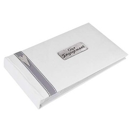 Our Engagement photo album with a smart grey stitched ribbon and elongated pewter heart design. Holds forty 6x4 inch photos.