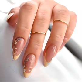 Press On Nails Almond Medium Long Light Yellow Leaf French Tip Fake Nails, Spring Summer Acrylic Full Cover False Nails Set, Natural Perfectly Fashion Reusable Stick On Nails Suitable for Women