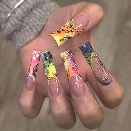MISUD Press on Nails Long Square Fake Nails Glossy Glue on Nails Cheetah Acrylic Nail Supplies Squoval Artificial Nail Art Colorful Ombre Stick on False Nails with Flower Design DIY 24 pcs