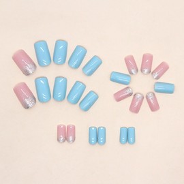 Resweky Medium, komplett, künstliche Nägel, Rosa, Nude, quadratisch, glänzend, French Pressure für Frauen (Pink und Blau)