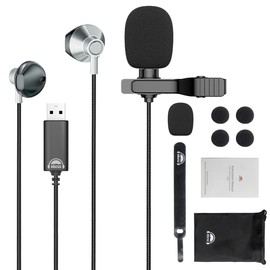 okcsc AC300 USB Headphones for Laptop with Omnidirectional Lavalier Lapel Microphone Lightweight USB Headset 6.5 FT Length Wired Earbuds with Volume Control for Video Music Recording Live Room Silver