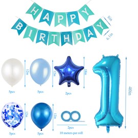 MAKFORT Birthday Decoration 1st Birthday Blue Happy Birthday Garland and Balloons Blue Confetti Balloons for Birthday Party Decoration 1st Birthday Boy