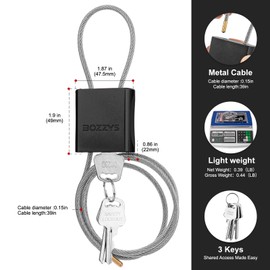 BOZZYS Adjustable Cable Locks with 3 Keys | L 3.28ft x D 1/6in Aluminum Steel Cable Padlock for Bikes, Gate, Lockers & Outdoor Gear | Keyed Different & Black
