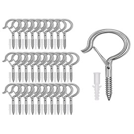 Anlising Pack of 30 Screw Hooks, Stainless Steel, Hook Screws with Snap Security, Christmas Lighting Hooks, Ceiling Hooks with Screws, for Hanging Pot Plants, Christmas Decoration (Silver)