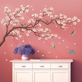 DECOWALL SG2-2424 White Cherry Blossom Tree Wall Stickers Birds on Flower Branch Decals Removable for Nursery Bedroom Living Room Art Home Decor Mural Decoration