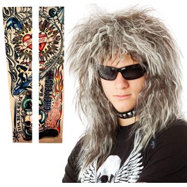 ALLAURA 70s 80’s Mens Rocker Wig + Tattoos Costume Set. Glam Hairband Rockstar Mullet Wig + Tattoo Sleeves Heavy Metal Wigs