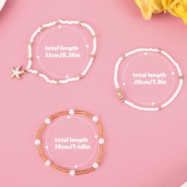 Mikovivi 3pcs Boho Shell Anklet Set for Women, Stretchable Beach Starfish Pearl Beads Seashell Ankle Bracelets Summer Fashion Foot Jewelry for Vacation Seaside Party Gift