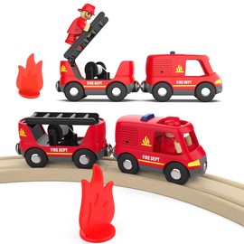 LiRiQi Wooden Train Fire Brigade Fire Engine Children Fire Brigade Ladder Vehicle with Light and Sound, Train Set Toy Compatible with Thomas, Brio, Toy Car for Toddler Boys Girls
